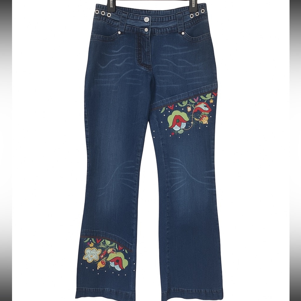 Oilily‎ Embroidered Flare Jeans Women’s Size 40 (10/12) Boho Festival Y2K Denim